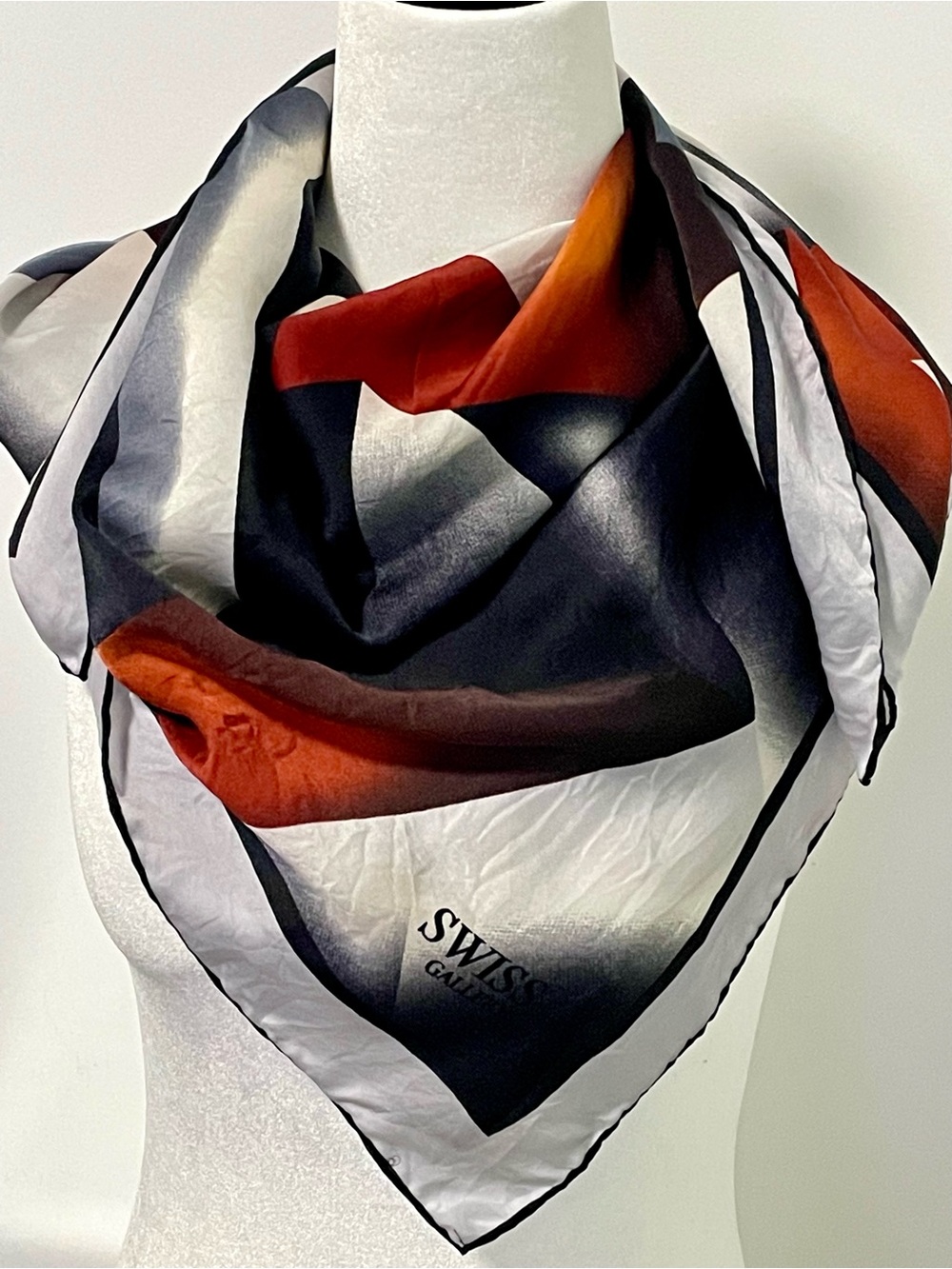 Vintage SWISS GALLERY Silk Scarf hand-rolled hem abstract Black Burnt Orange